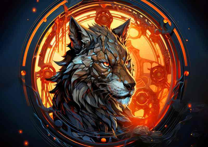 Wolf surrounded by fire in a frame fantasy | Di-Bond