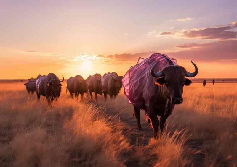 large buffalow on a trail with the sun setting | Metal Poster