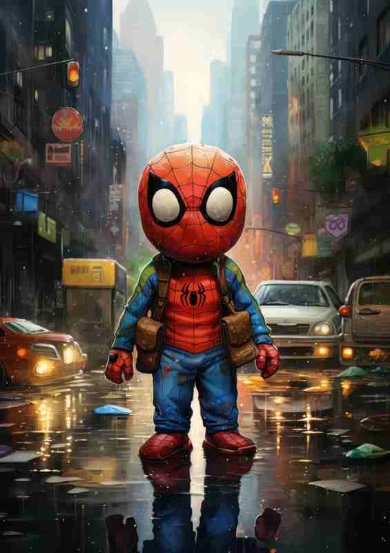 A little spider man standing in the traffic of the city | Poster