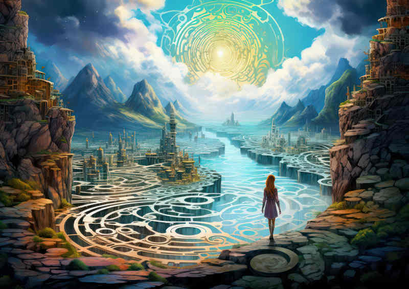 A girl walking through a fjord in a fantasy setting | Poster