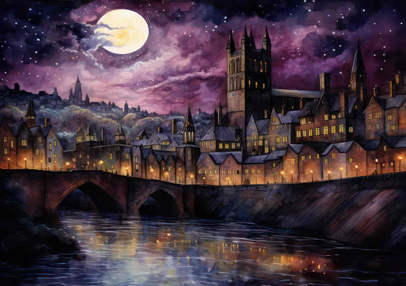 City of york at night with a purple sky and full moon | Poster