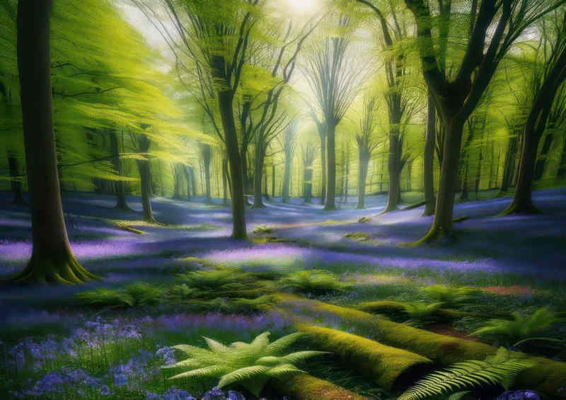 Bluebell field with green trees and sun shining through | Poster