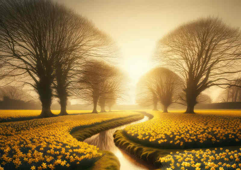 Daffodil spring field with trees In A nice landscape | Poster