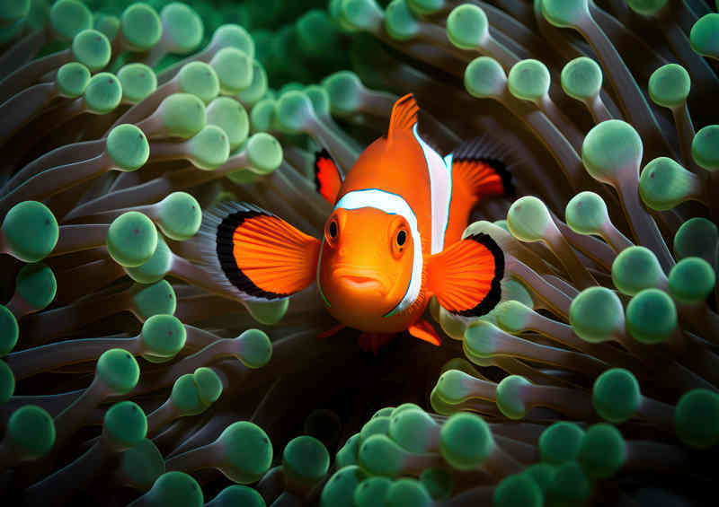 Clownfish hiding under an anemone with a green ring | Di-Bond