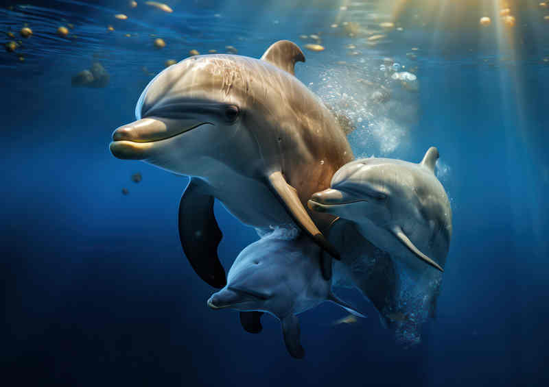 Dolphins swimming through the blue clear waaters | Metal Poster