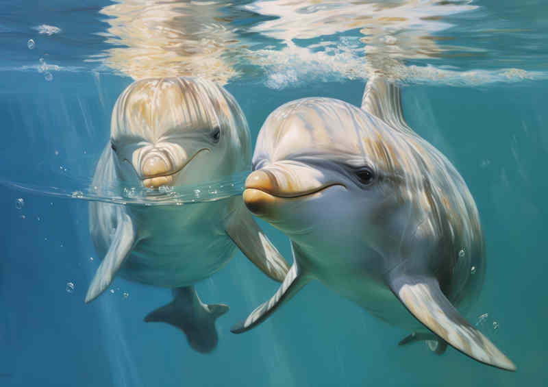 Pair of Dolphins swimming underwater in an ocean | Canvas