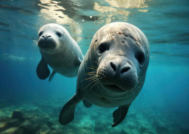 Pair of Seals swimming underwater in an ocean | Poster
