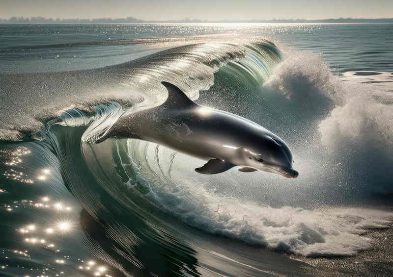 Porpoises flying through the sea with big waves | Poster