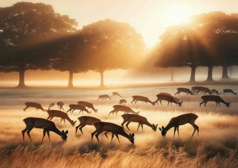 A Hurd Of Deer Grazing In the morning sun | Di-Bond