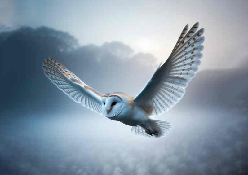 Barn Owl in Morning mist full flight | Metal Poster