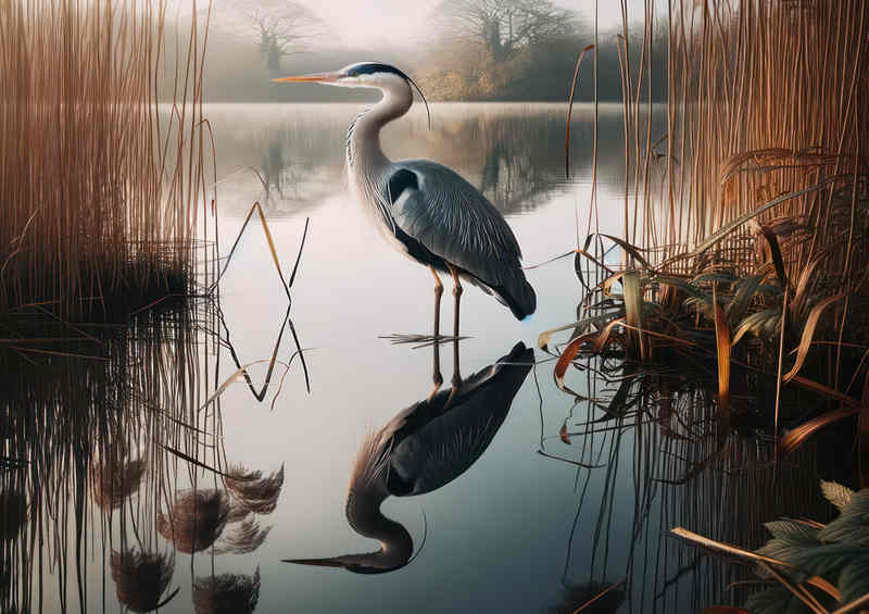 Heron in the lake reflected by the morning sun | Metal Poster