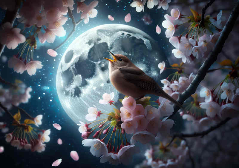 Mystical Nightingales in Moonlit Cherry Blossom | Metal Poster