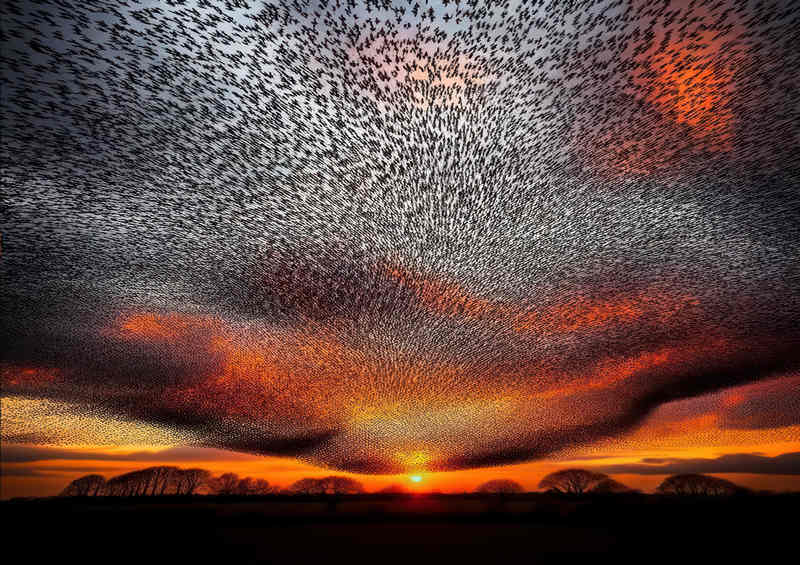 Starlings flying in the evening sun | Di-Bond