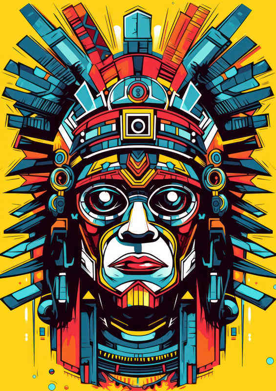 Aztec mans head face with a yellow background | Poster