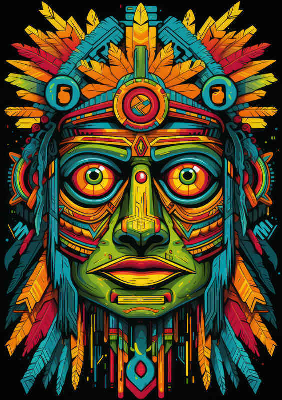 Native Aztec Face Art with Geometric Design on Canvas