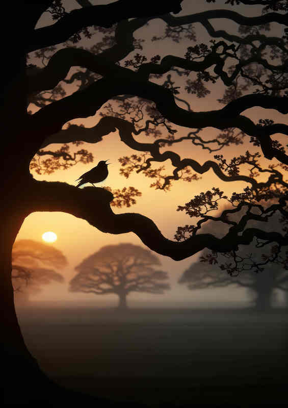 British blackbird on the bough of an ancient oak tree | Di-Bond