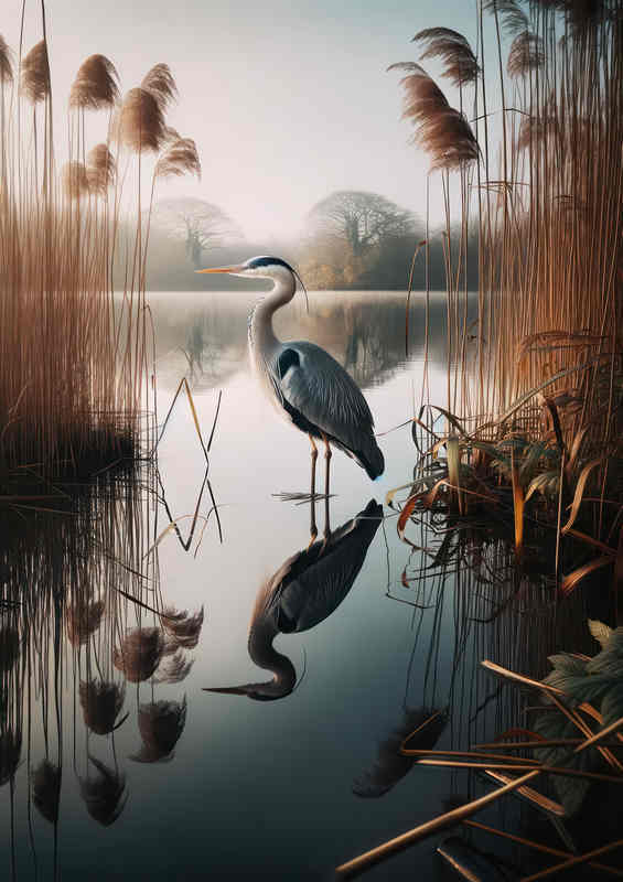 British grey heron standing at the edge of a calm lake | Poster