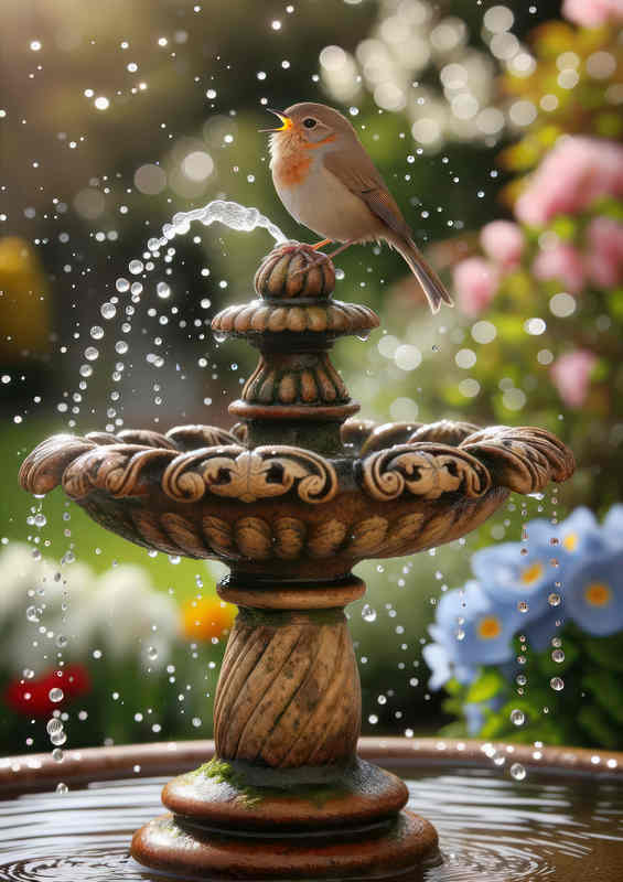 British songbird perched on the edge of an ornate fountain | Di-Bond