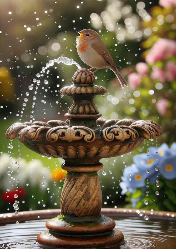 British songbird perched on the edge of an ornate fountain | Poster