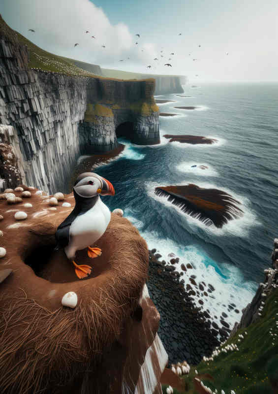 Puffins Cliffside Metal Poster - Steep Sea Cliff Home
