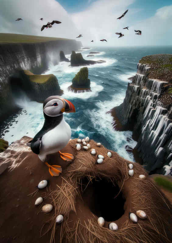 Puffins Cliffside Nesting - Coastal Cliff Metal Poster