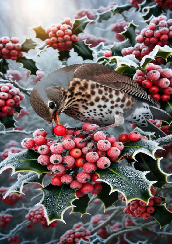 Thrushs Berry Feast indulging in a feast of ripe red berries | Canvas