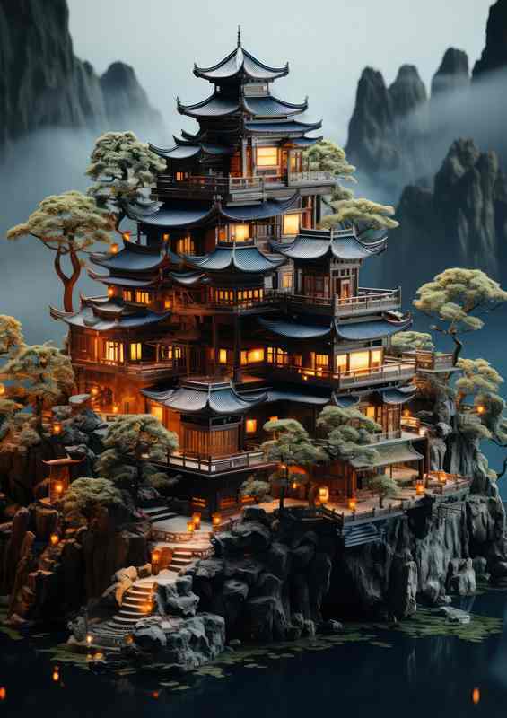 Chinese summer house sitting on top of a island | Canvas
