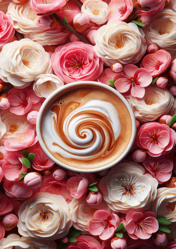 Vibrant Flat White Brilliance Milky Swirls Amidst Blossoms | Poster