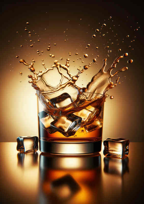 Whiskey on the Rocks Ice Cubes Splash Intensity | Metal Poster