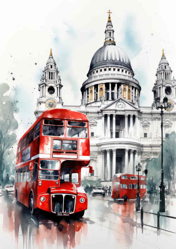 A drawing in watercolor of a red bus with big windows | Di-Bond
