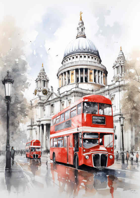 London Bus Outside st pauls watercolour style | Poster