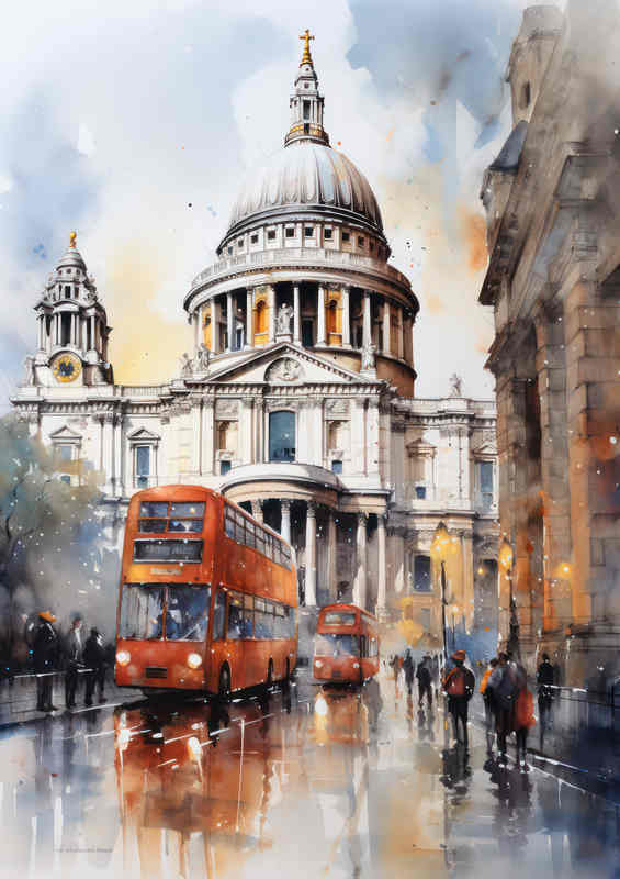 Saint pauls with a red london city bus on the street | Canvas