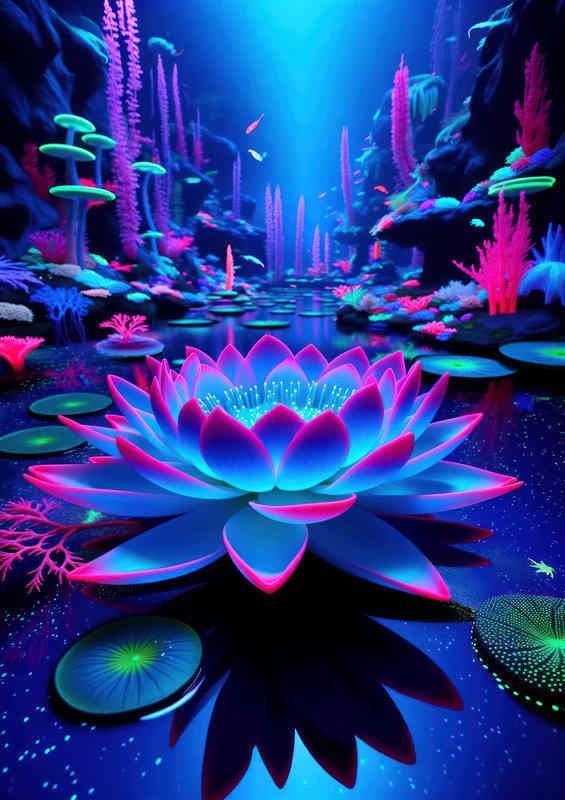 Blue Lotus Neon Pink Edges Lagoon Poster