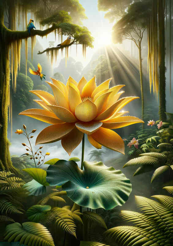 Golden Lotus Amidst Rainforest Mist - Dewdrop Poster