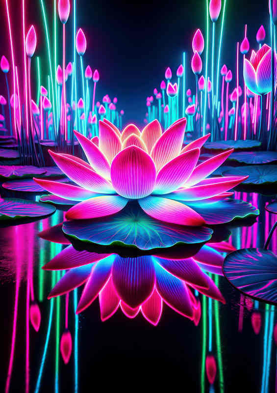 Lotus flower illuminated in neon pink and blue hues | Poster