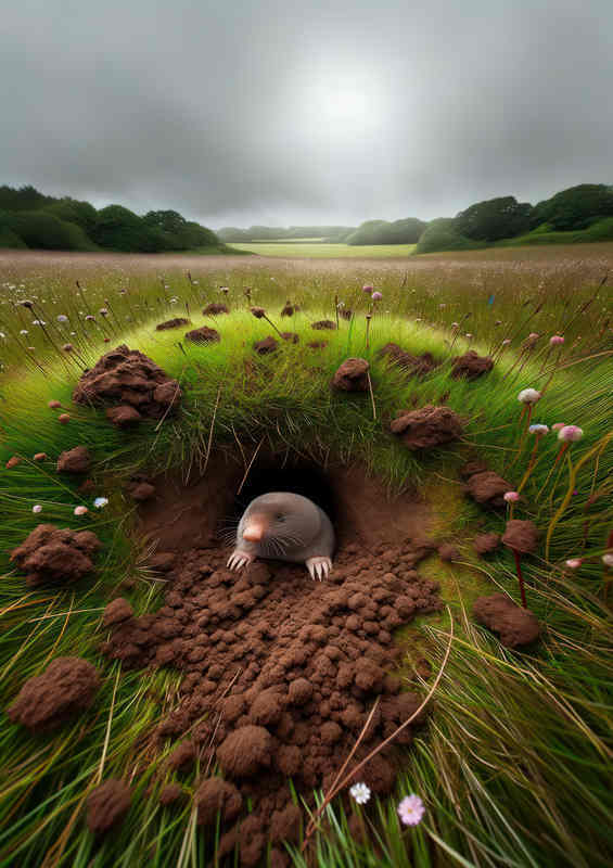 Moles Underground burrow amidst a grassy British meadow | Poster