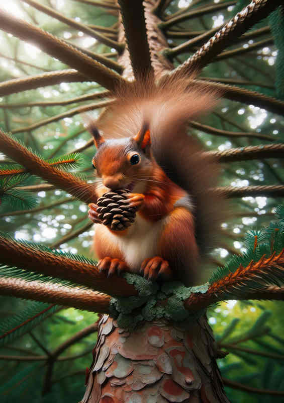 Squirrel's Treetop Feast: High-Pine Nibble on Pinecone | Di-Bond