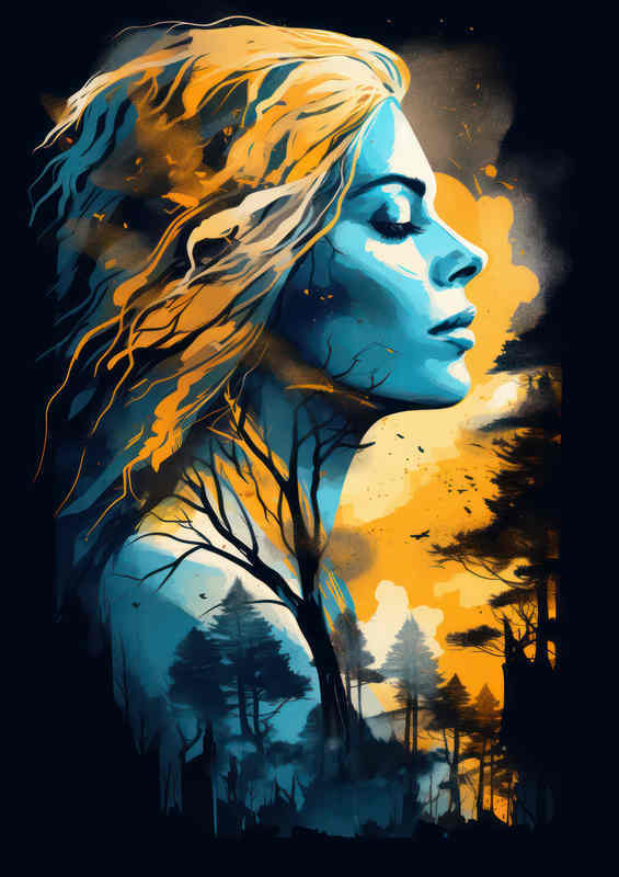 Art with beautiful woman silhouettes trees and mountains | Canvas