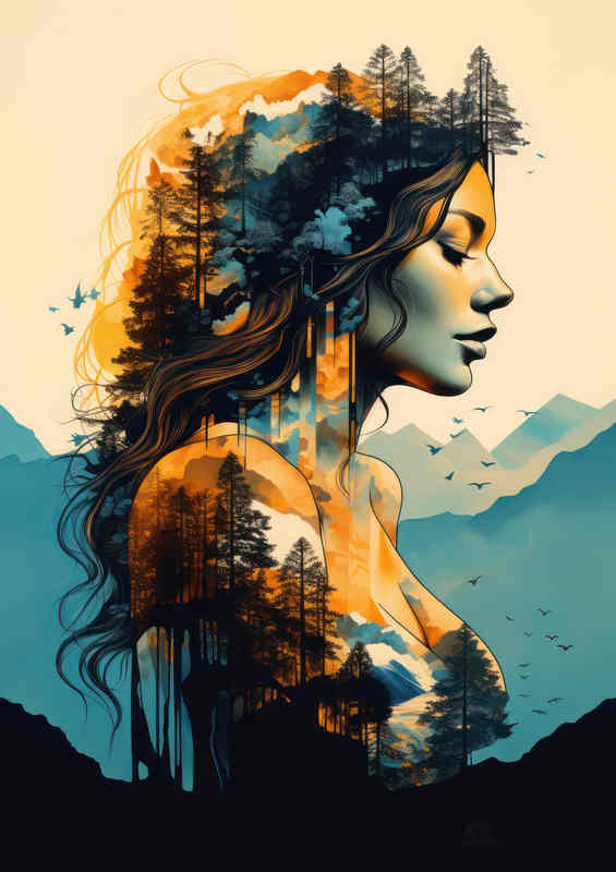 Beautiful woman silhouettes trees and mountas art style | Canvas