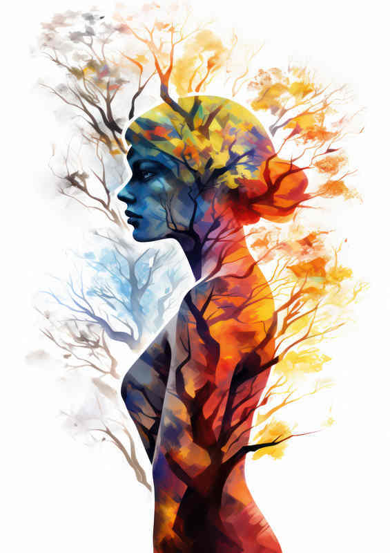 Colourful lady immersed in a colourful tree in art style | Poster