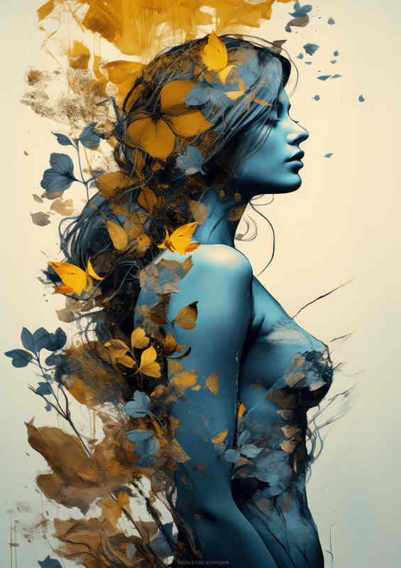 Graphic style of a lady immersed in flowers abstract style | Di-Bond
