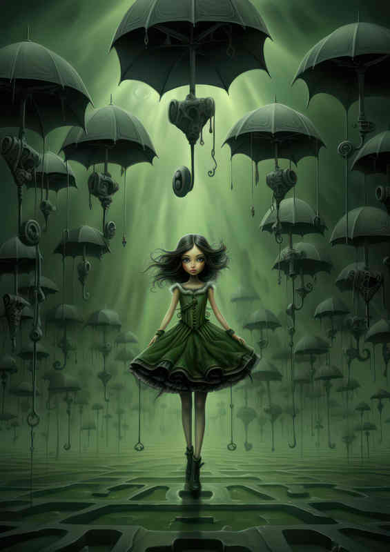Lirl in green dress surrounded by umberellas art style | Canvas