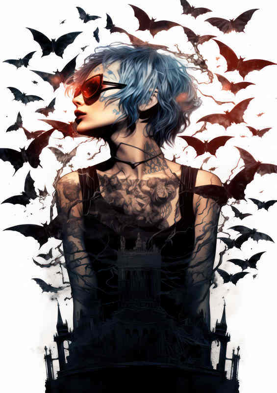 Woman with bats flying in the air | Poster