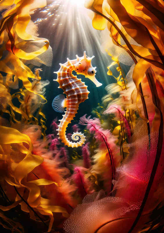 Vibrant Kelp Forest Seahorse Metal Poster