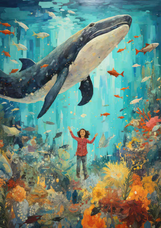 Girl Underwater Whlae Swimming Above | Canvas