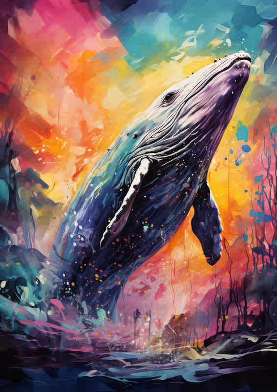 Humpback Whate Jumping out of the ocean painted art style | Canvas