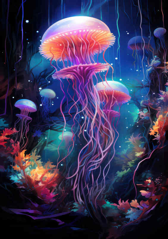 Jellyfish at night on the coral floor | Poster