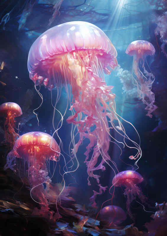 Jellyfish coming up into the sunlight form the sea | Poster