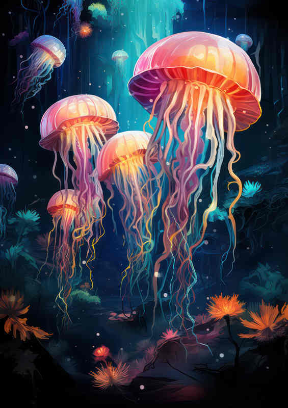 Jellyfish is depicted Corel and colourful fish | Canvas