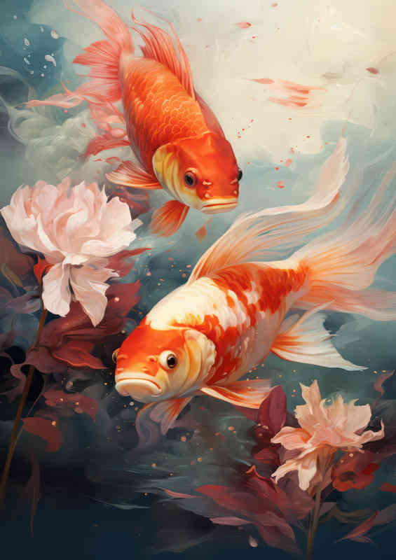 Koi Swimming In Water Surrounded By Lillys | Canvas